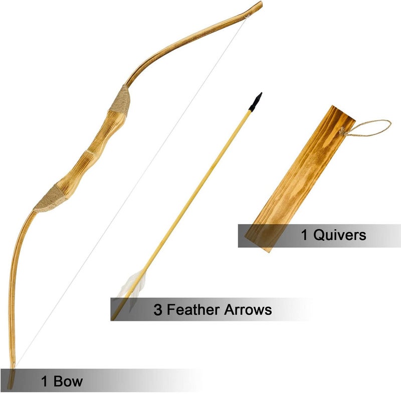Basbon Youth Wooden Bow and Arrow Set, 40 Inch Handmade Wooden Bow and Arrow Cosplay Costume Prop Archery Set Games Toys, 1 Bows 1 Quivers and 3 Feather Arrows, Gifts for Kids Youth Boys and Girl - Image 3